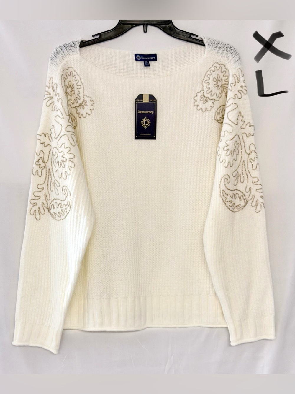 Democracy Cream Crewneck Sweater with Gold Embroidered Sleeves